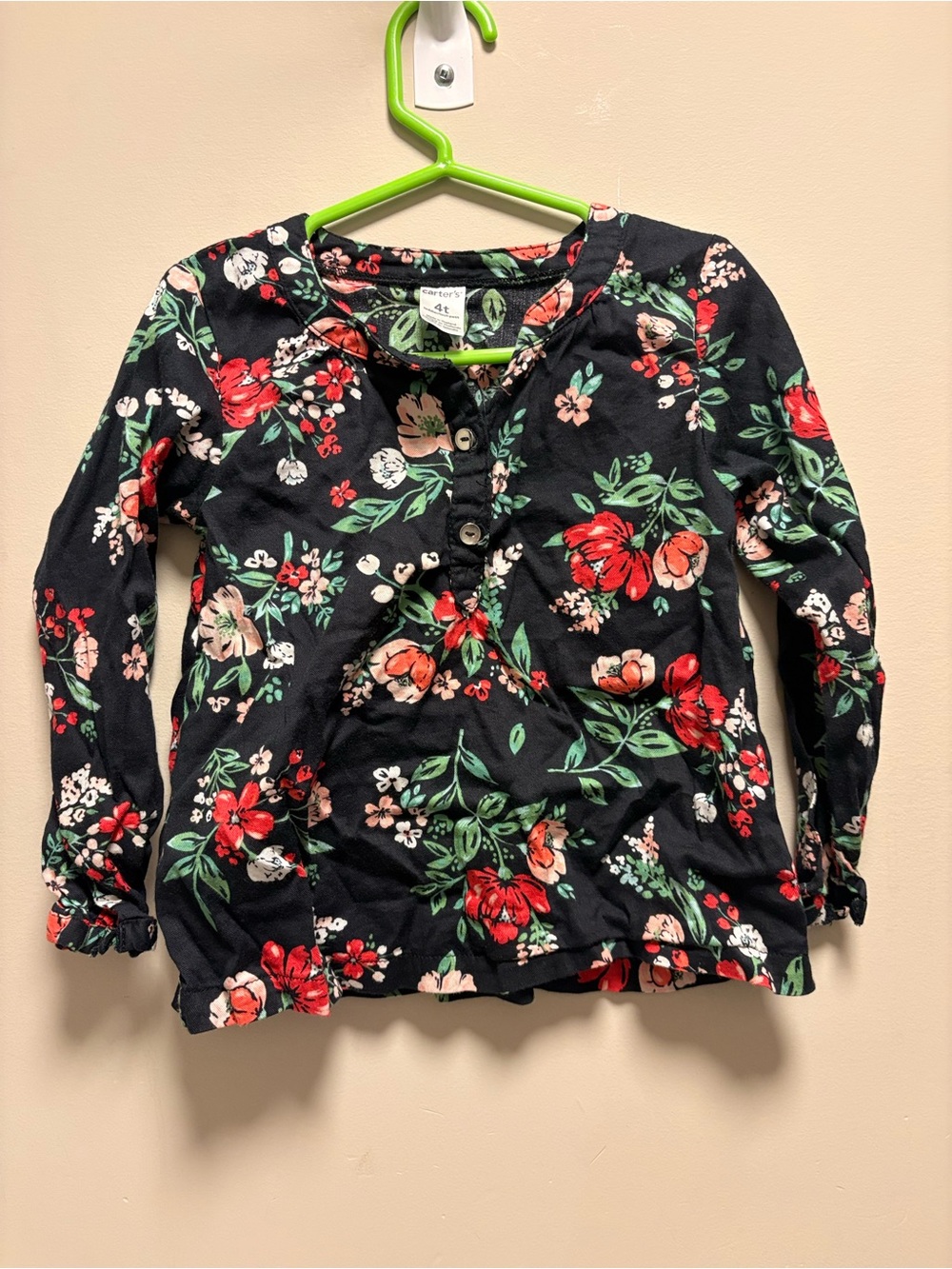 Girls' Floral Henley Long-Sleeve Top - Black with Red & Green Floral